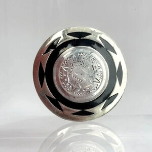 Mexican Made Sterling Silver Round Shaped Black Enamel Pendant Brooch